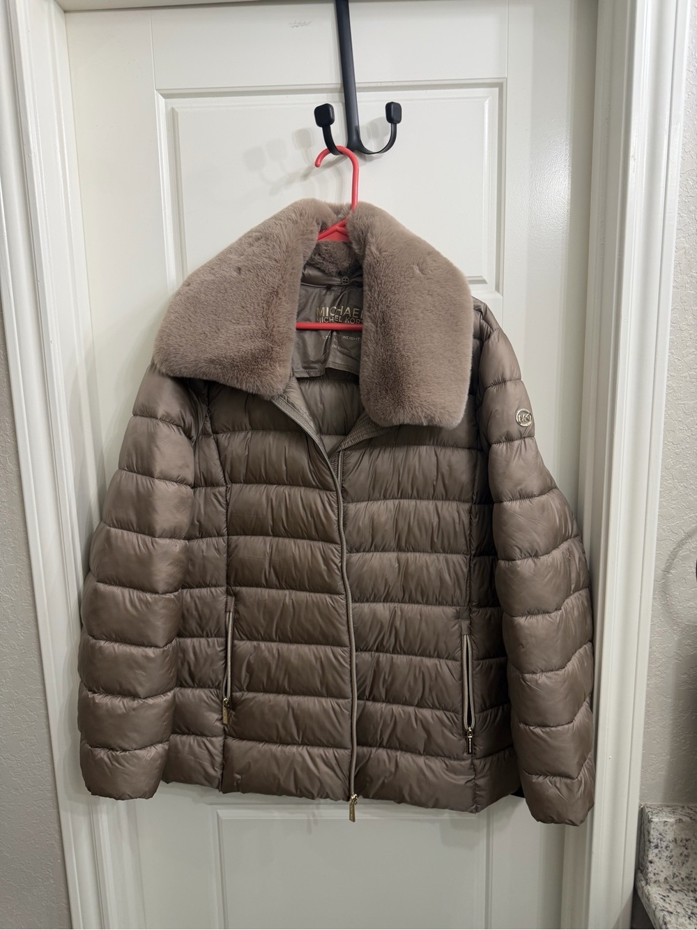 MICHAEL Michael Kors Taupe Quilted Puffer with Faux Fur Collar